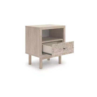 Table de chevet à un tiroir avec port de charge USB, finition chêne clair, tiroir avec motif floral, couleur beige