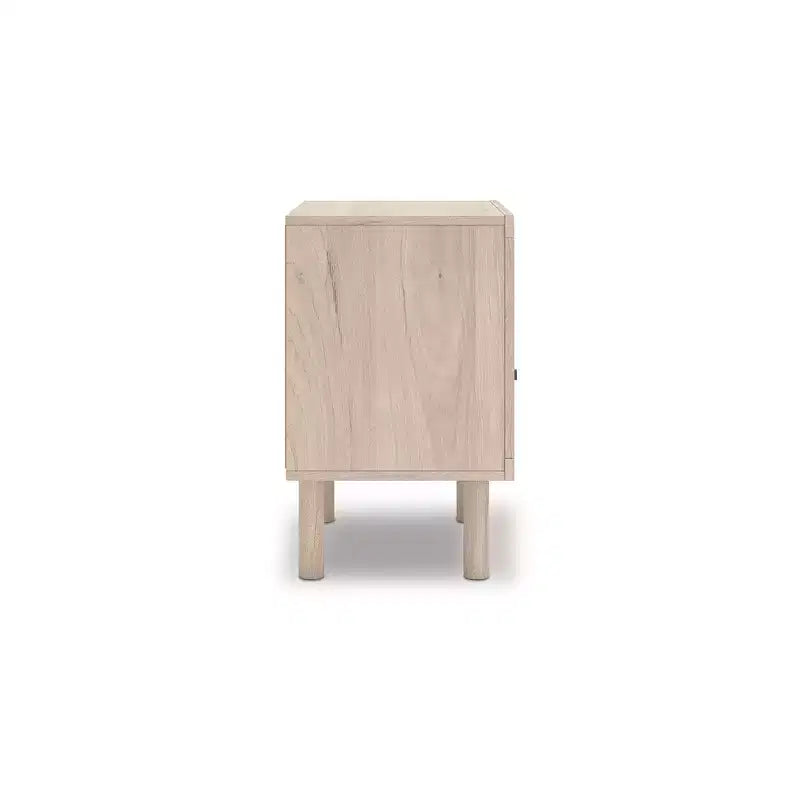 Table de chevet à un tiroir avec port de charge USB, finition chêne clair, tiroir avec motif floral, couleur beige