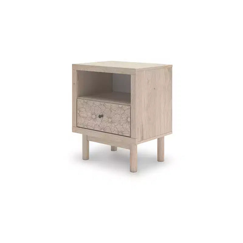 Table de chevet à un tiroir avec port de charge USB, finition chêne clair, tiroir avec motif floral, couleur beige