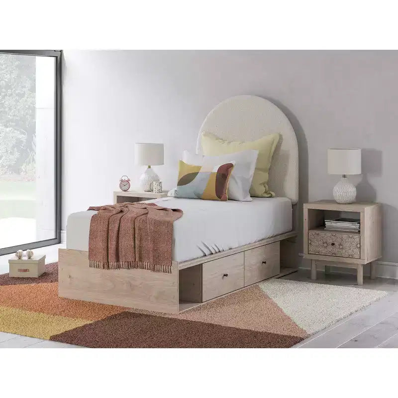Table de chevet à un tiroir avec port de charge USB, finition chêne clair, tiroir avec motif floral, couleur beige