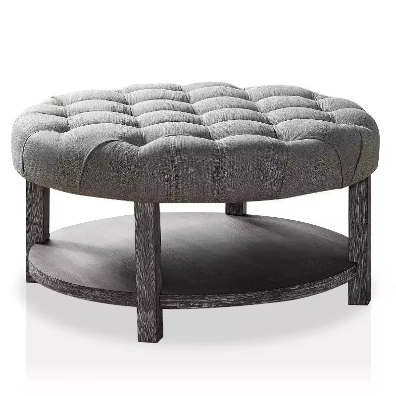 Pouf de rangement rond capitonné, gris délavé antique, 91 cm de diamètre, capacité de 68 kg