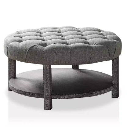 Pouf de rangement rond capitonné, gris délavé antique, 91 cm de diamètre, capacité de 68 kg