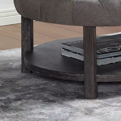 Pouf de rangement rond capitonné, gris délavé antique, 91 cm de diamètre, capacité de 68 kg