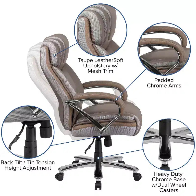 Chaise de bureau ergonomique pivotante en LeatherSoft, série HERCULES, grande taille, capacité de 225 kg