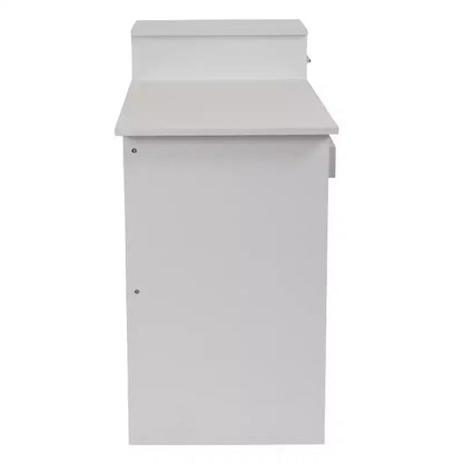 Bureau informatique blanc avec étagères et tiroir