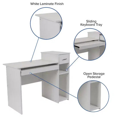 Bureau informatique blanc avec étagères et tiroir
