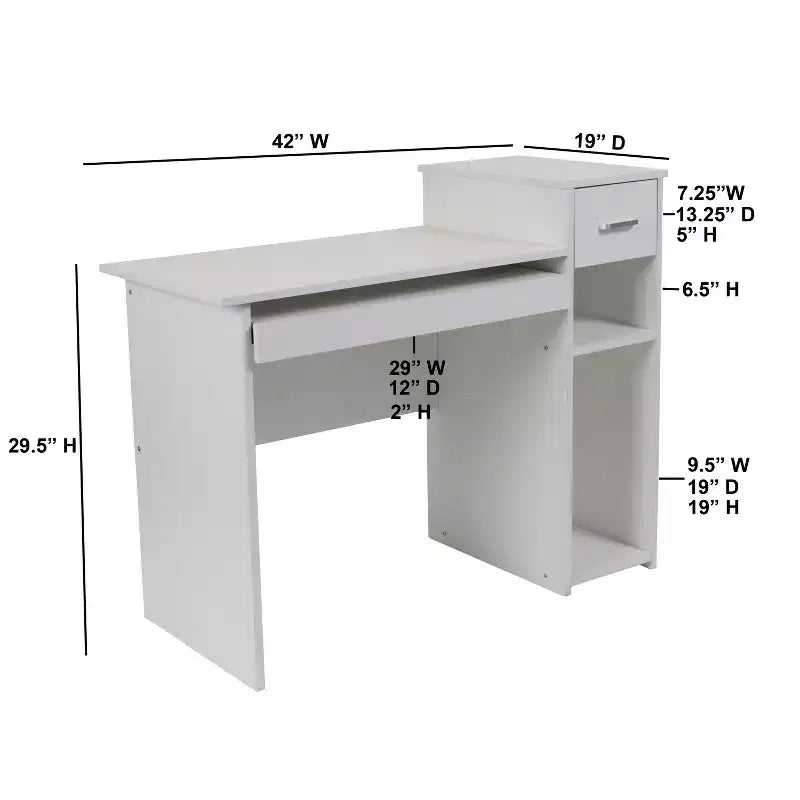 Bureau informatique blanc avec étagères et tiroir
