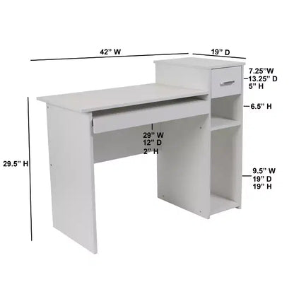 Bureau informatique blanc avec étagères et tiroir