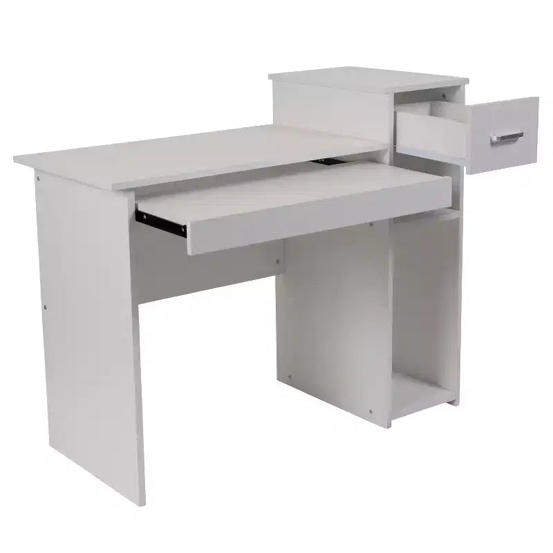 Bureau informatique blanc avec étagères et tiroir