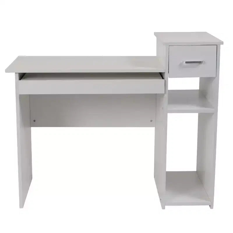 Bureau informatique blanc avec étagères et tiroir