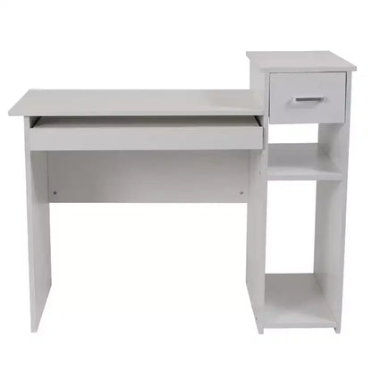 Bureau informatique blanc avec étagères et tiroir