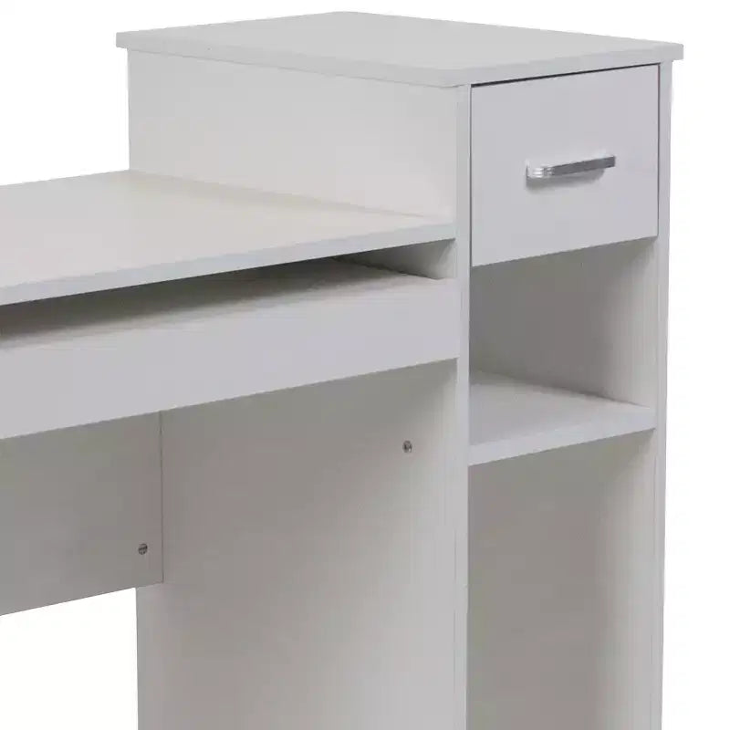 Bureau informatique blanc avec étagères et tiroir