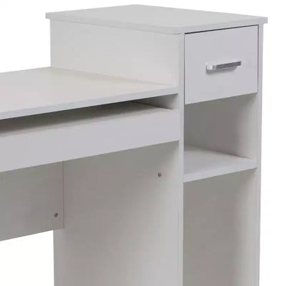 Bureau informatique blanc avec étagères et tiroir