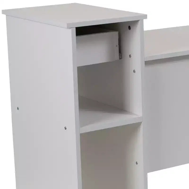 Bureau informatique blanc avec étagères et tiroir
