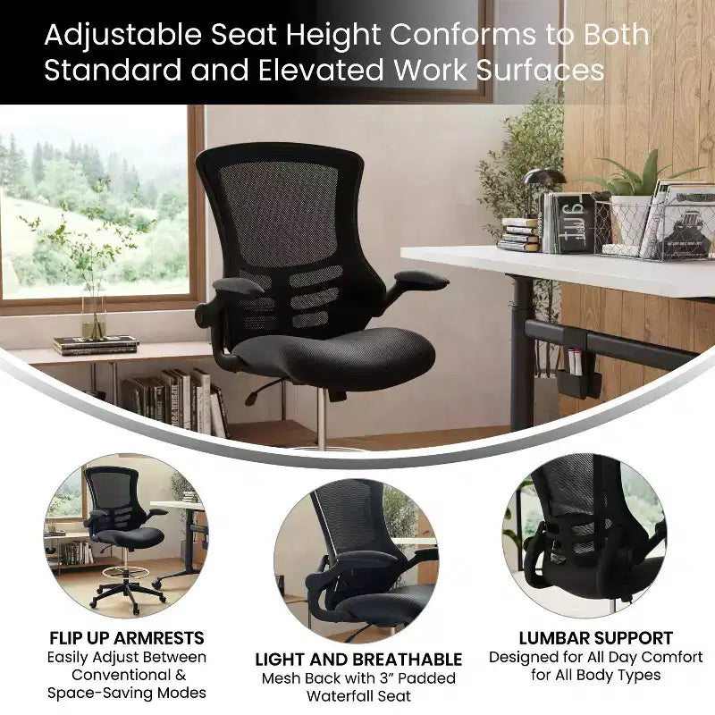 Chaise de bureau ergonomique mi-hauteur en maille noire avec anneau réglable et accoudoirs relevables