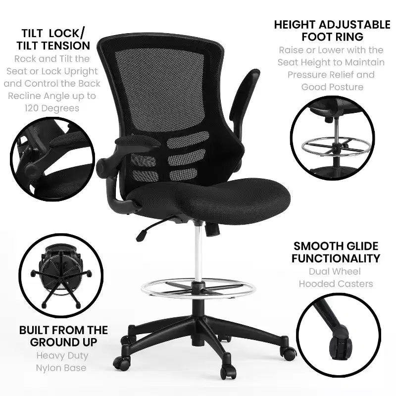 Chaise de bureau ergonomique mi-hauteur en maille noire avec anneau réglable et accoudoirs relevables