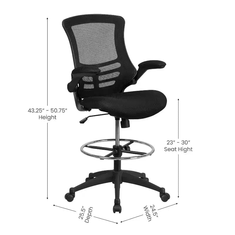 Chaise de bureau ergonomique mi-hauteur en maille noire avec anneau réglable et accoudoirs relevables