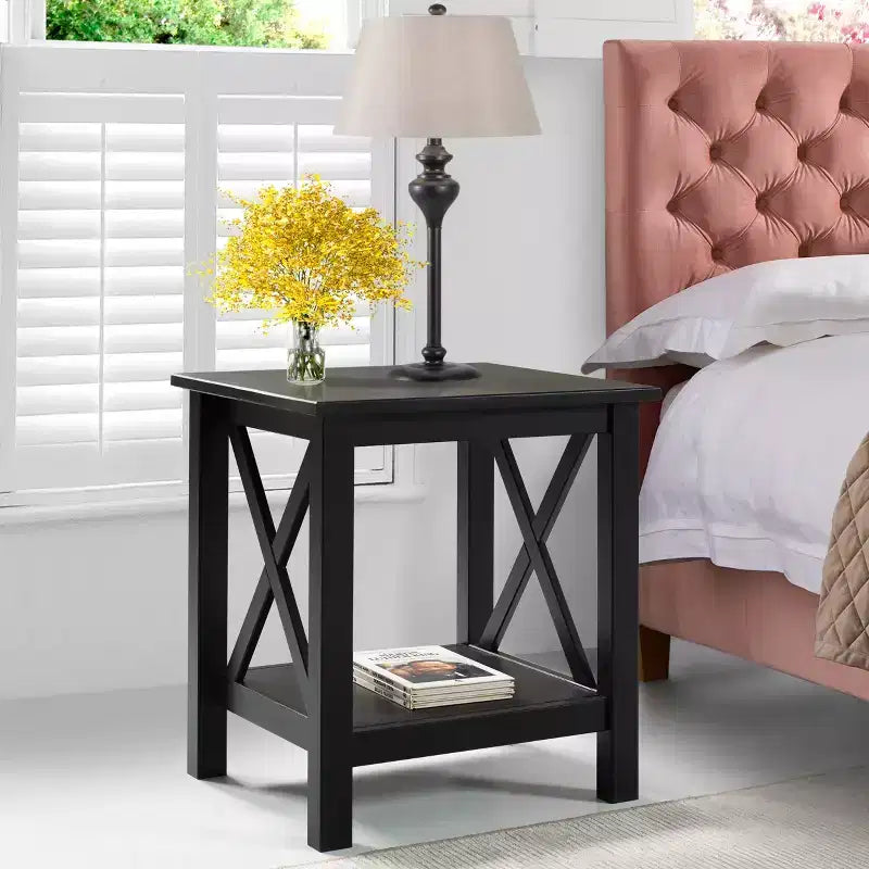 Table d'appoint en pin massif avec étagère inférieure, finition noire, 50,8 cm L x 43,2 cm P x 55,9 cm H