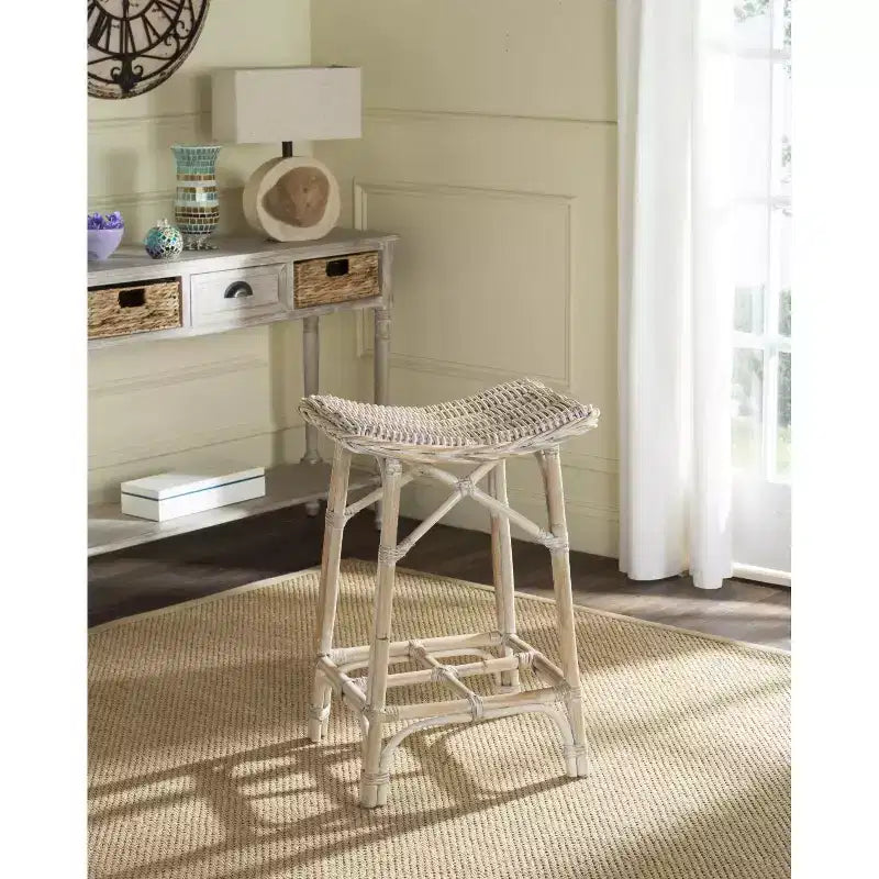 Tabouret de bar en rotin tressé, blanchi, sans dossier ni accoudoirs, capacité de 125 kg, hauteur fixe