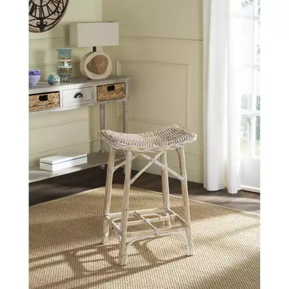Tabouret de bar en rotin tressé, blanchi, sans dossier ni accoudoirs, capacité de 125 kg, hauteur fixe