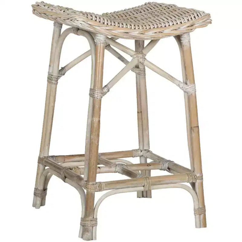 Tabouret de bar en rotin tressé, blanchi, sans dossier ni accoudoirs, capacité de 125 kg, hauteur fixe