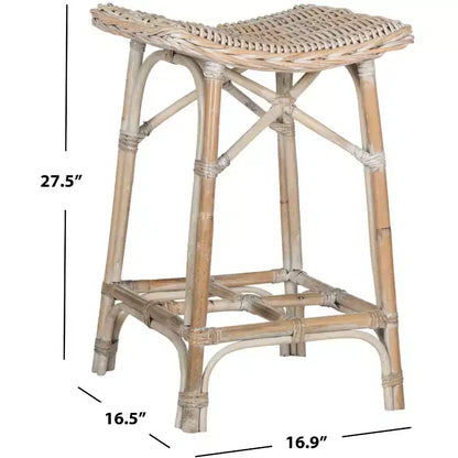 Tabouret de bar en rotin tressé, blanchi, sans dossier ni accoudoirs, capacité de 125 kg, hauteur fixe