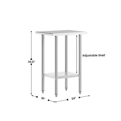 Table de préparation et de travail commerciale en acier inoxydable de calibre 18 avec étagère inférieure réglable, certifiée NSF