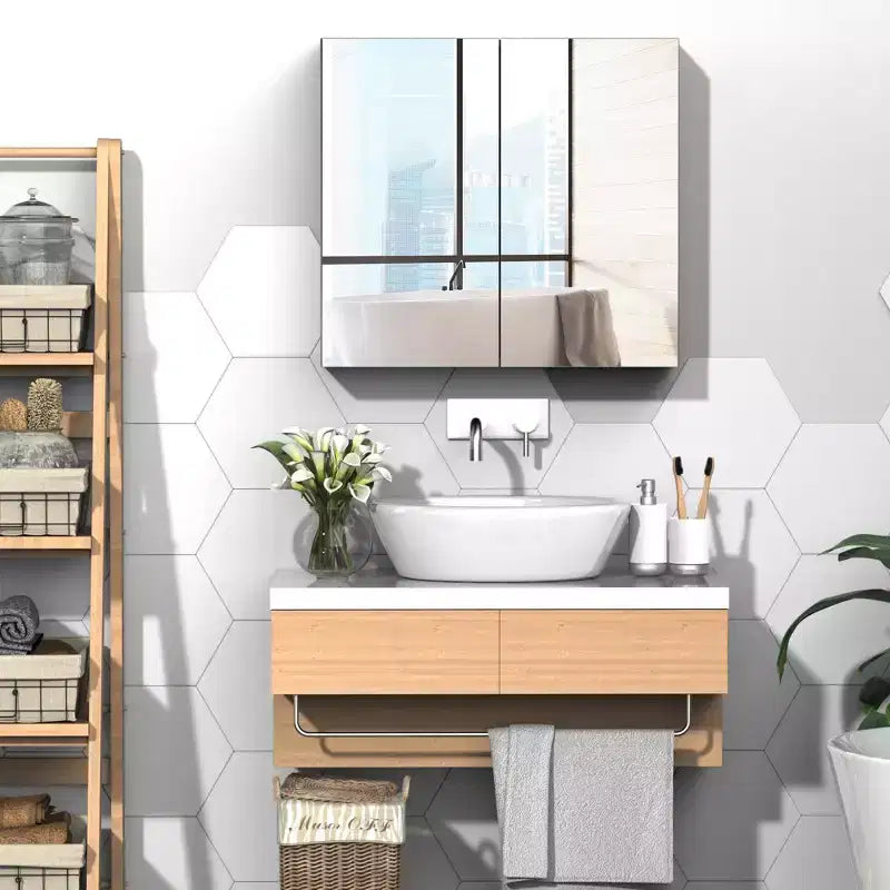 Armoire de toilette avec miroir, cadre en acier 24x22, rangement mural à double porte